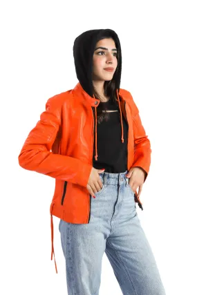 Womens Biker Hooded Sheep Leather Orange Jacket Quality Designer Jacket - ELF15