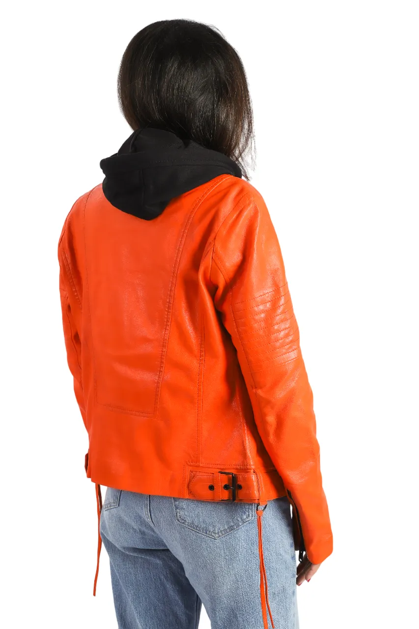 Womens Biker Hooded Sheep Leather Orange Jacket Quality Designer Jacket - ELF15