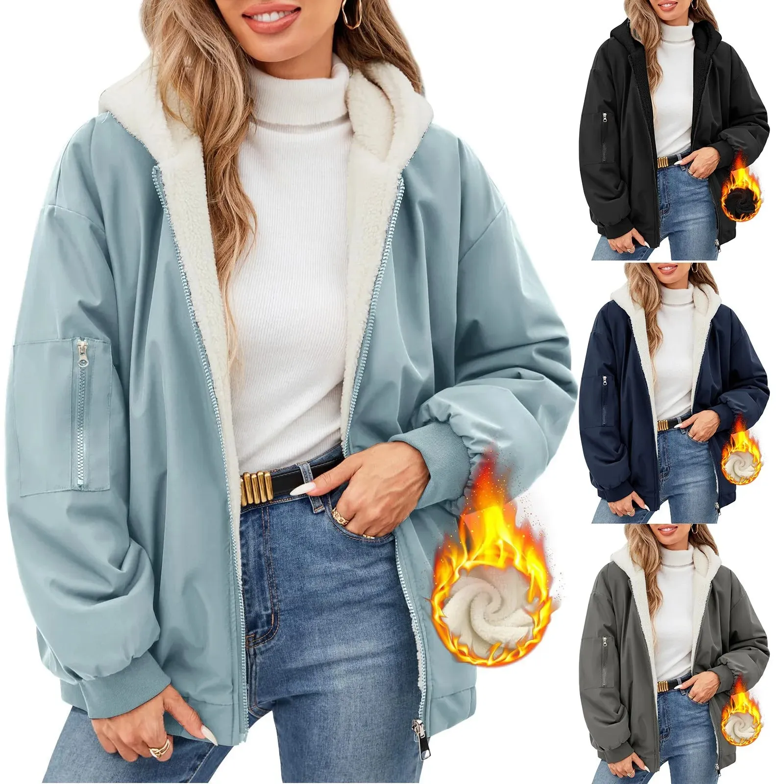 Women's Casual Full Zip Up Fleece Winter Jacket Hoodie Reversible Long Sleeve Casual Sweatshirt Coat With Pockets  Lined Hoodie