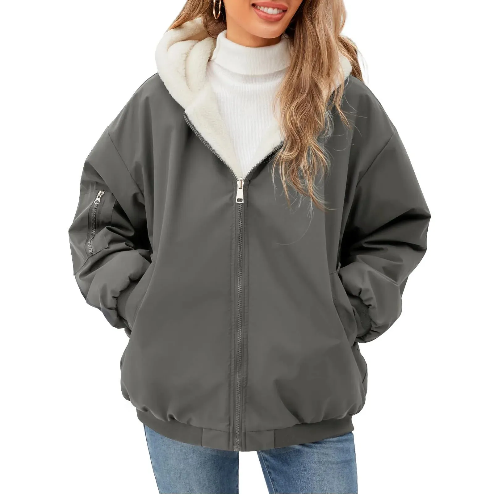 Women's Casual Full Zip Up Fleece Winter Jacket Hoodie Reversible Long Sleeve Casual Sweatshirt Coat With Pockets  Lined Hoodie