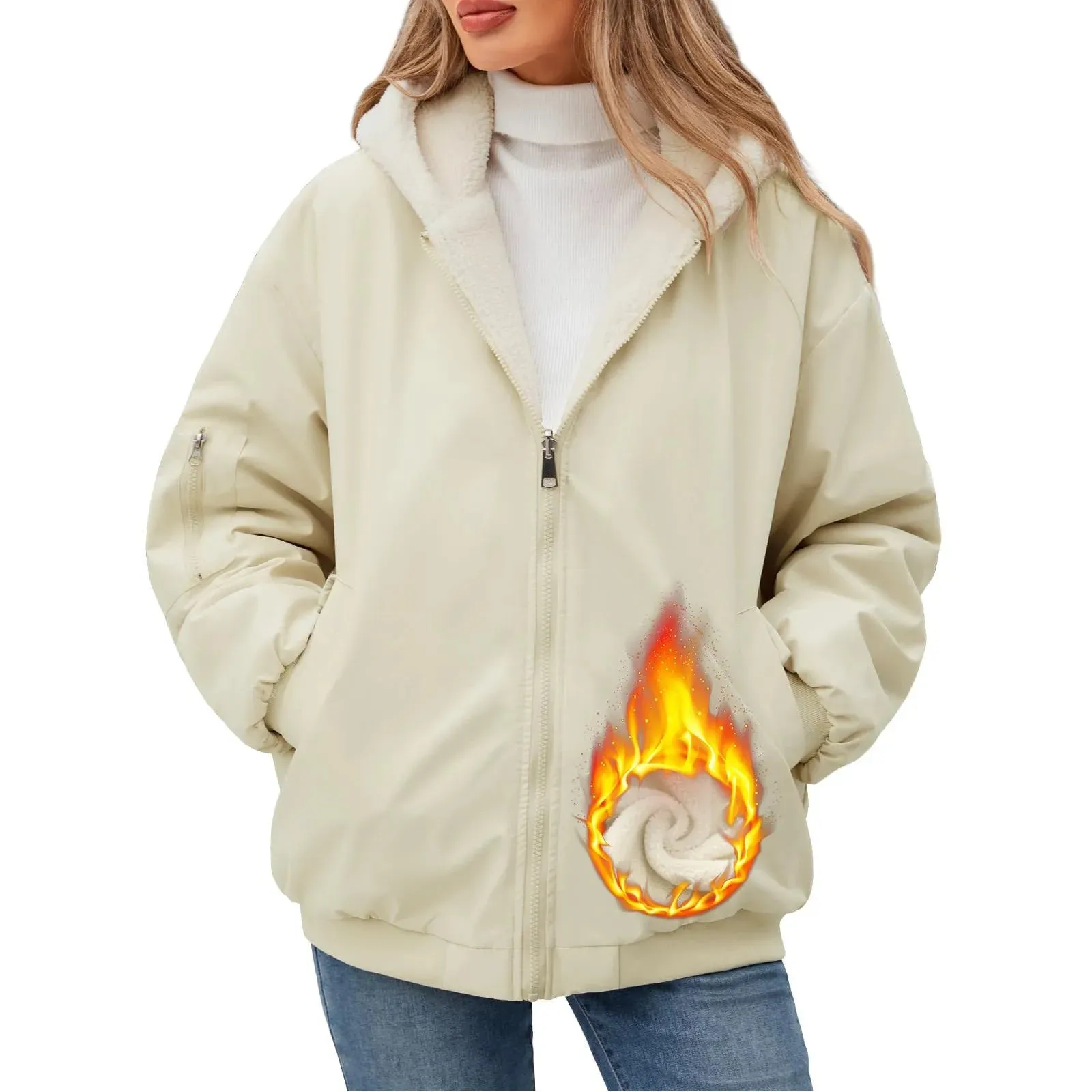 Women's Casual Full Zip Up Fleece Winter Jacket Hoodie Reversible Long Sleeve Casual Sweatshirt Coat With Pockets  Lined Hoodie