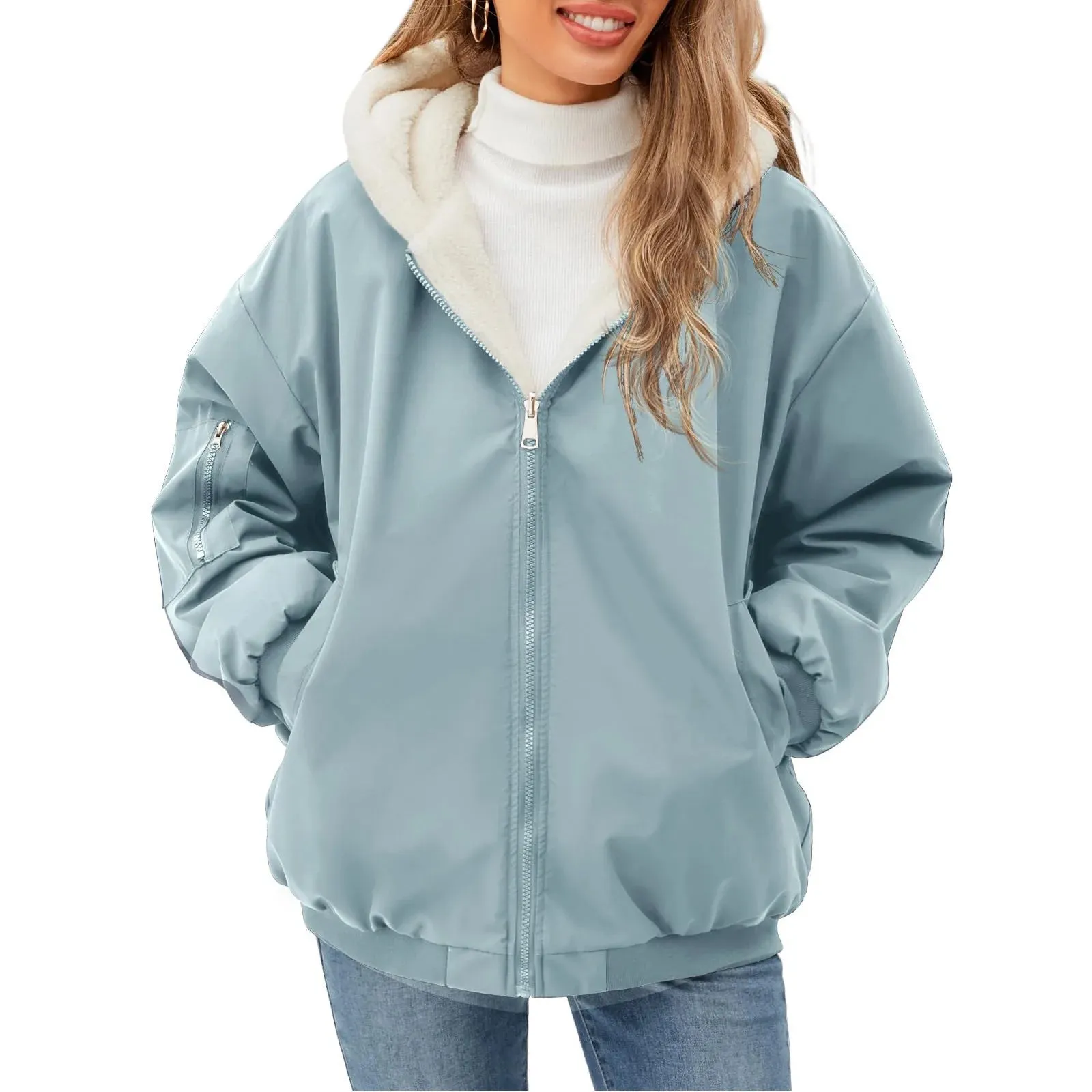 Women's Casual Full Zip Up Fleece Winter Jacket Hoodie Reversible Long Sleeve Casual Sweatshirt Coat With Pockets  Lined Hoodie