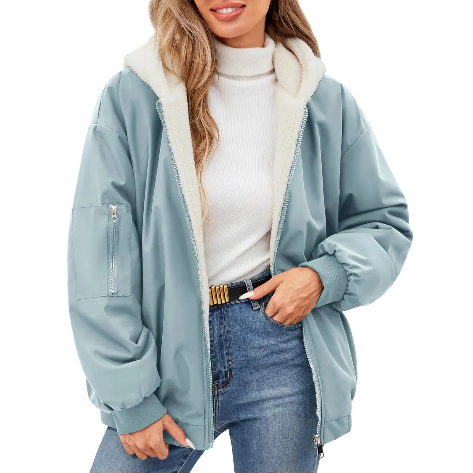 Women's Casual Full Zip Up Fleece Winter Jacket Hoodie Reversible Long Sleeve Casual Sweatshirt Coat With Pockets  Lined Hoodie