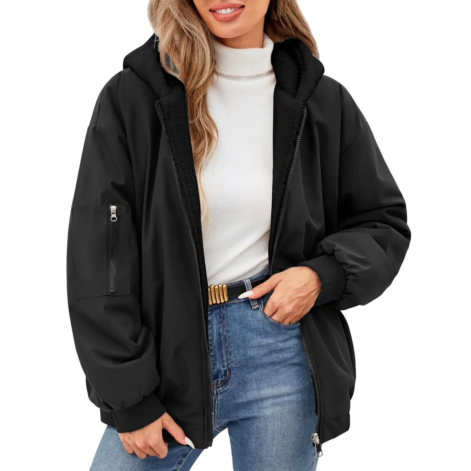 Women's Casual Full Zip Up Fleece Winter Jacket Hoodie Reversible Long Sleeve Casual Sweatshirt Coat With Pockets  Lined Hoodie