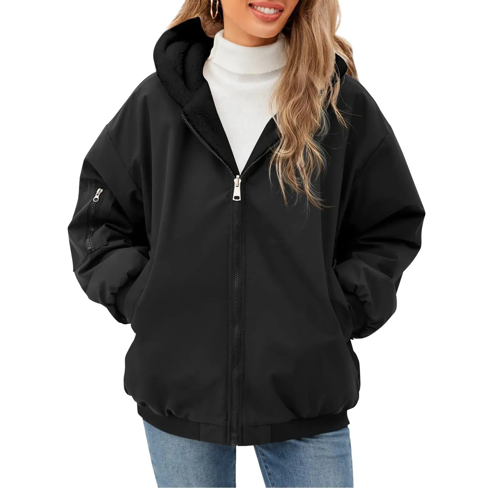 Women's Casual Full Zip Up Fleece Winter Jacket Hoodie Reversible Long Sleeve Casual Sweatshirt Coat With Pockets  Lined Hoodie