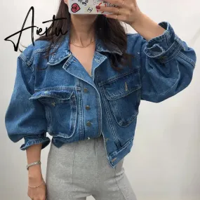 Women's Denim Jacket Short Fashion Loose Wild Puff Sleeve Chic Pocket Denim Coat Outwear Streetwear Jeans Jackets