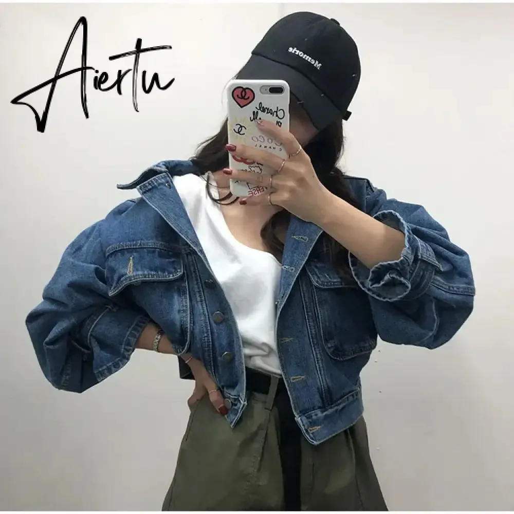 Women's Denim Jacket Short Fashion Loose Wild Puff Sleeve Chic Pocket Denim Coat Outwear Streetwear Jeans Jackets