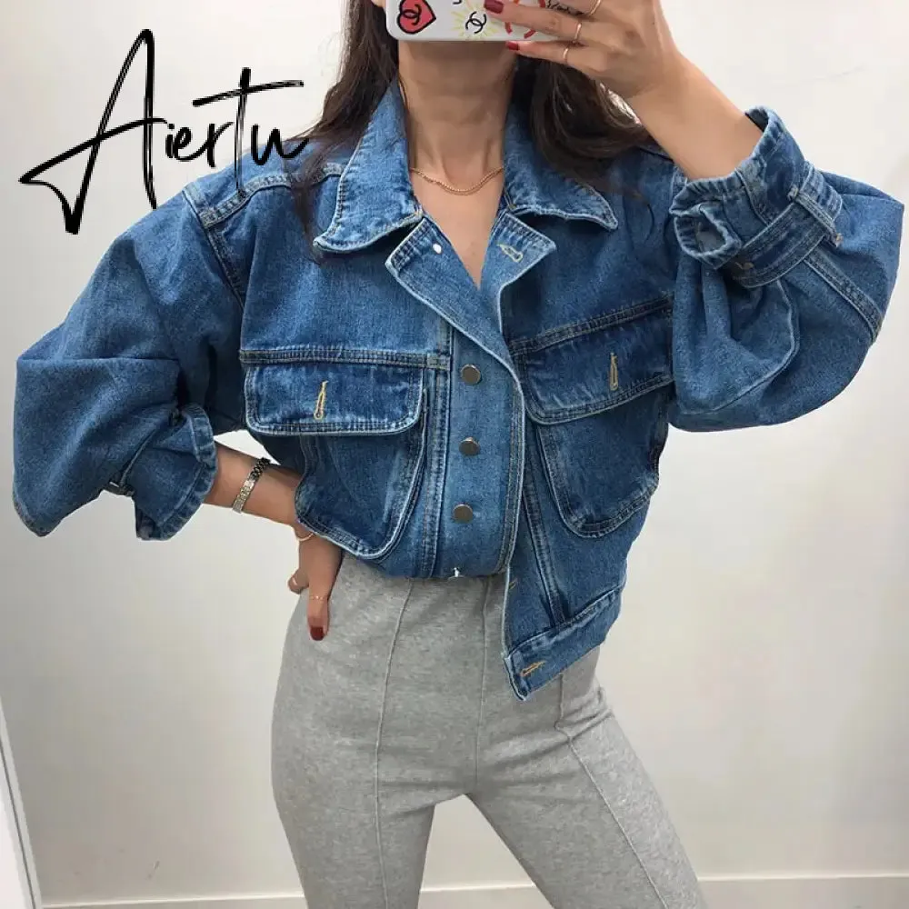 Women's Denim Jacket Short Fashion Loose Wild Puff Sleeve Chic Pocket Denim Coat Outwear Streetwear Jeans Jackets