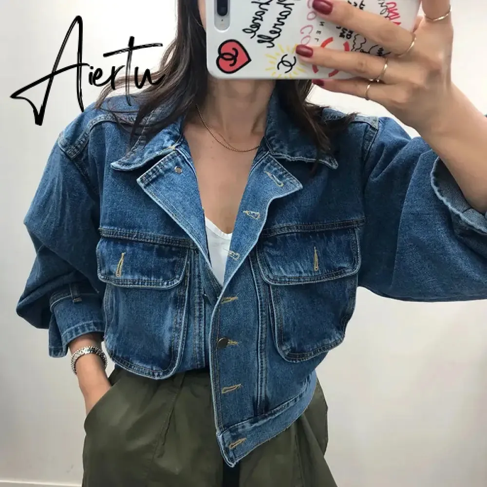 Women's Denim Jacket Short Fashion Loose Wild Puff Sleeve Chic Pocket Denim Coat Outwear Streetwear Jeans Jackets