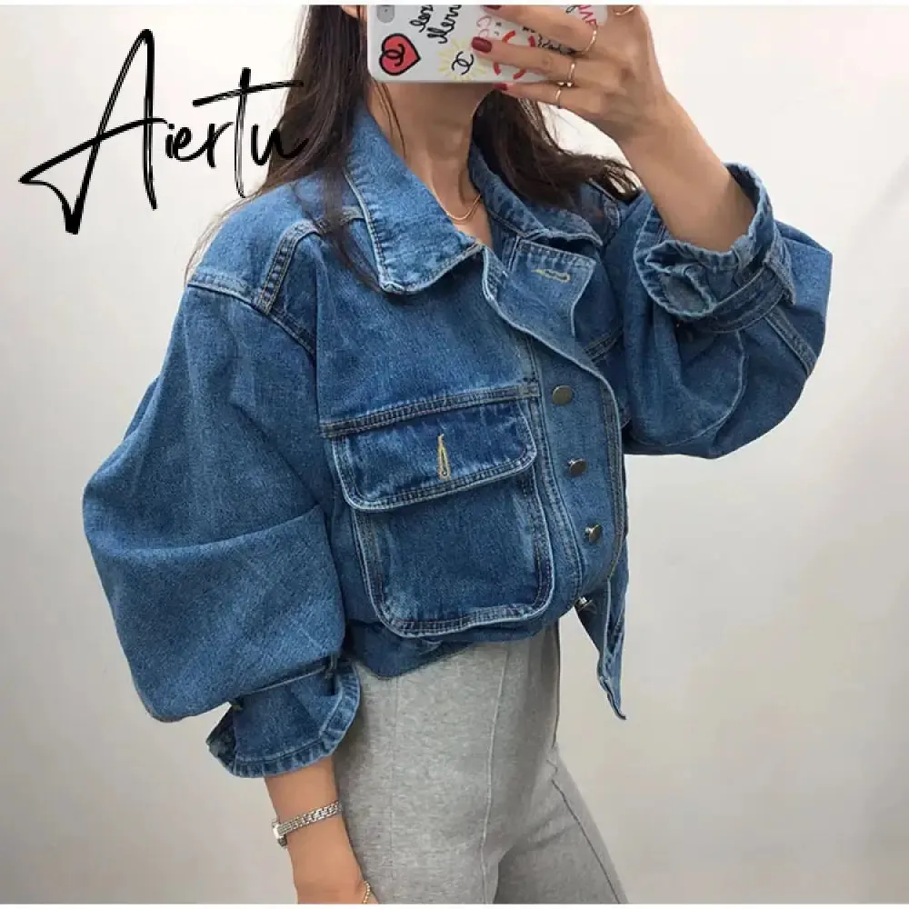 Women's Denim Jacket Short Fashion Loose Wild Puff Sleeve Chic Pocket Denim Coat Outwear Streetwear Jeans Jackets