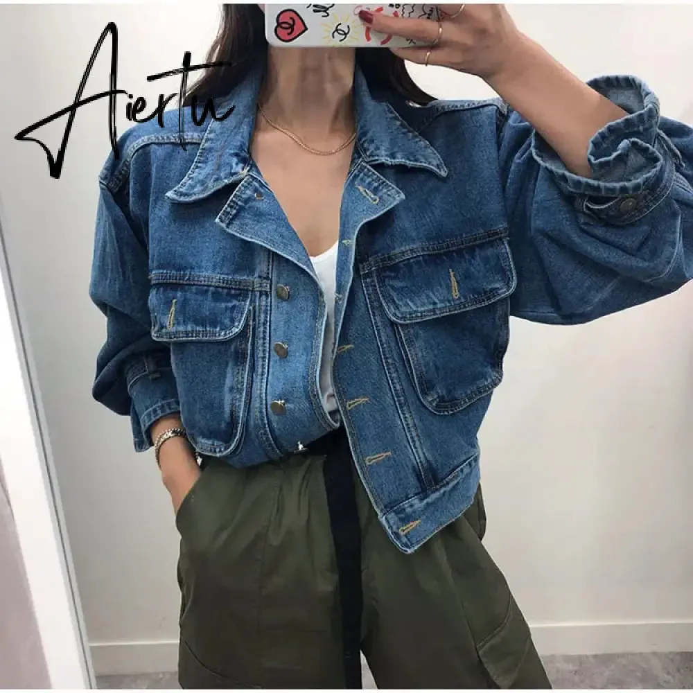 Women's Denim Jacket Short Fashion Loose Wild Puff Sleeve Chic Pocket Denim Coat Outwear Streetwear Jeans Jackets