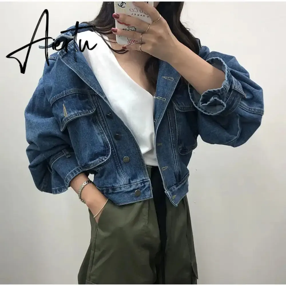 Women's Denim Jacket Short Fashion Loose Wild Puff Sleeve Chic Pocket Denim Coat Outwear Streetwear Jeans Jackets