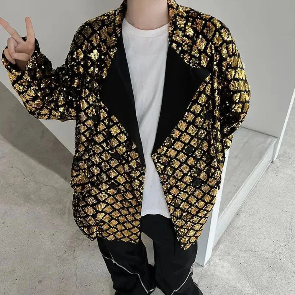 xiangtuibao Men Sequin Vintage Fashion Blazers New Loose Casual Suit Blazer Male Nightclub Stage Show Clothing Korean Streetwear Jacket Coat