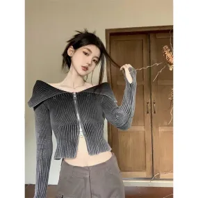 Y2K Cropped Cardigan Women Slash Neck Gradient Sweater Coat Streetwear Off Shoulder Knitwear Korean Zipper Bodycon Jumpers