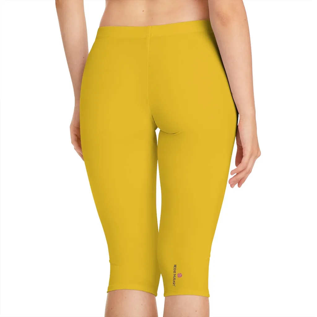 Yellow Color Women's Capri Leggings, Knee-Length Polyester Capris Tights-Made in USA (US Size: XS-2XL)