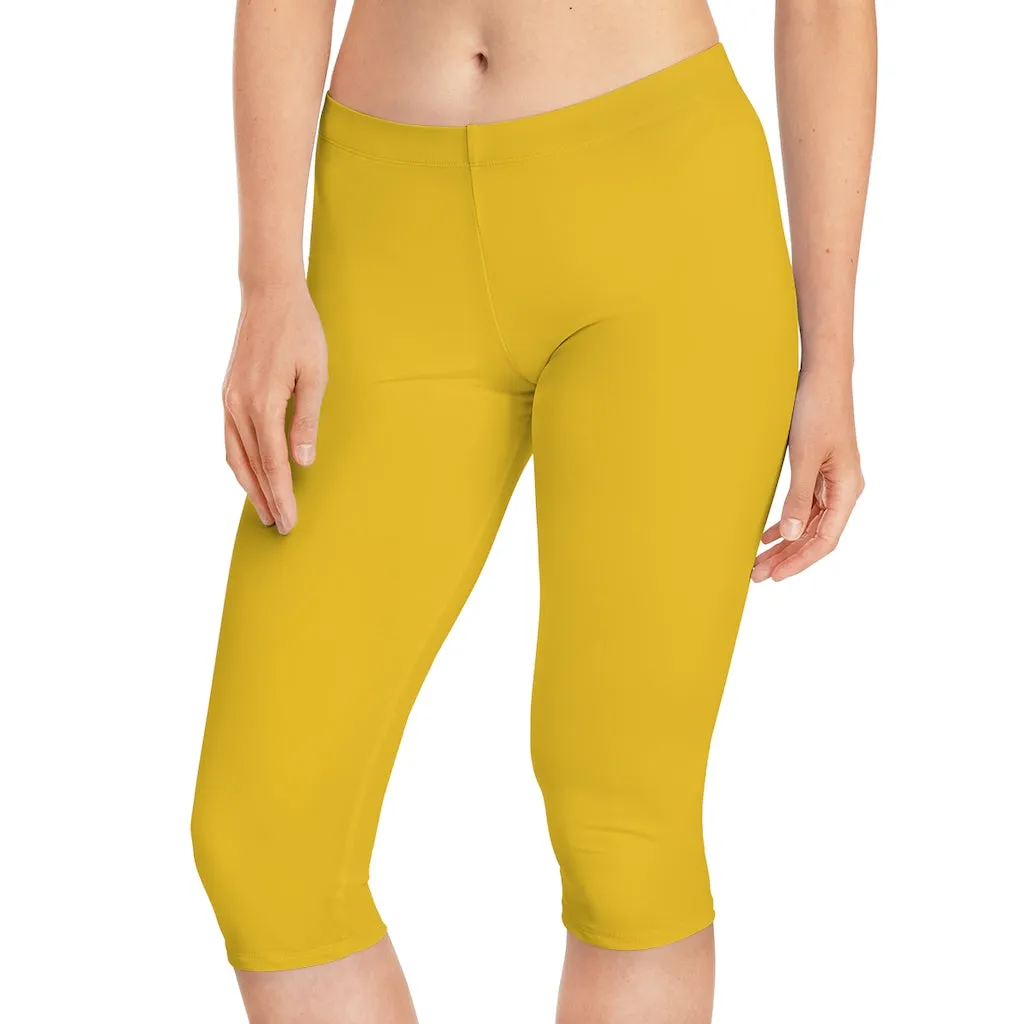 Yellow Color Women's Capri Leggings, Knee-Length Polyester Capris Tights-Made in USA (US Size: XS-2XL)